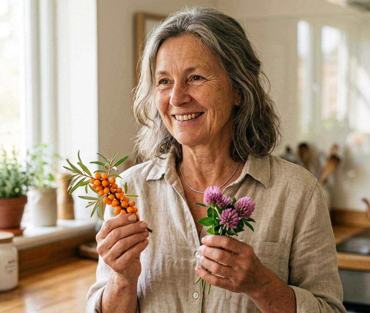 Woman holding botanicals used in wellness routines