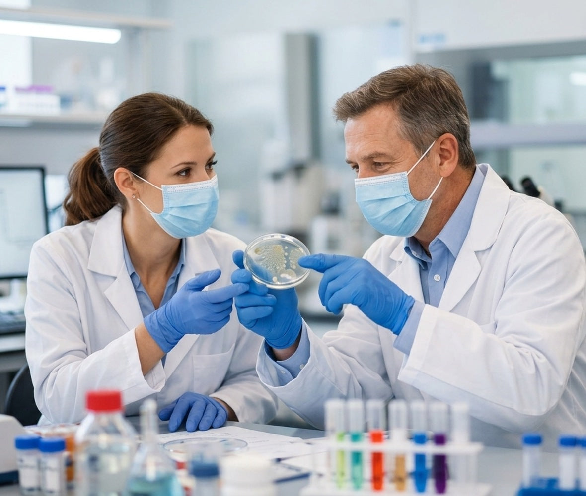 Researchers reviewing wellness samples in a lab